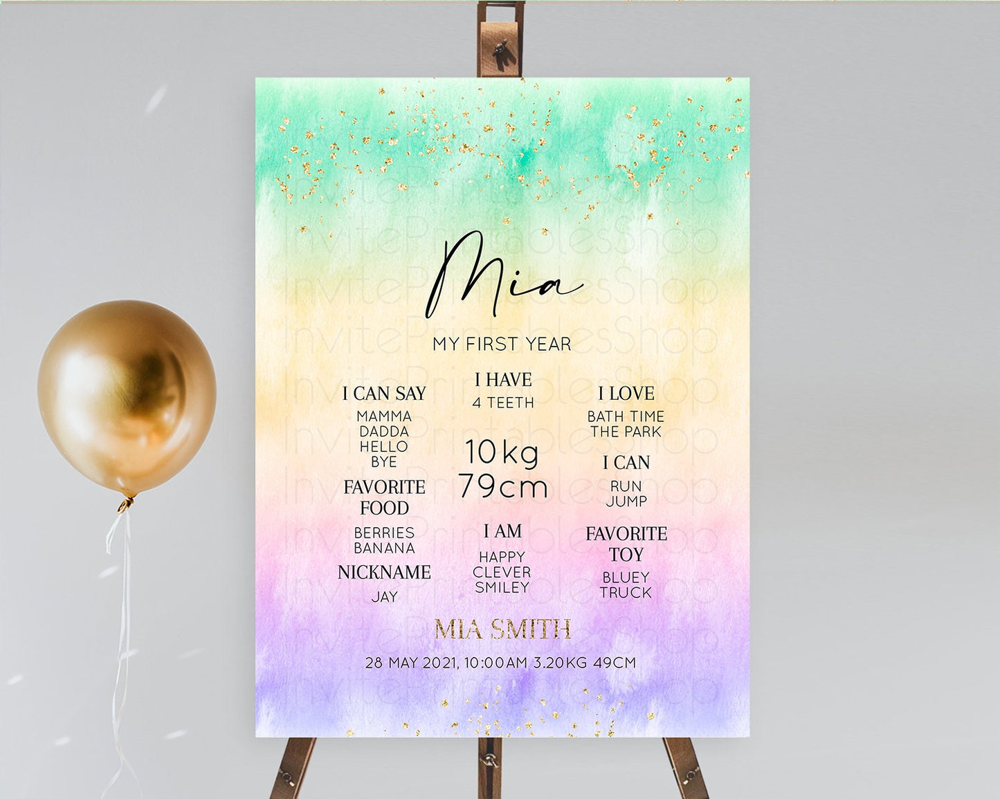 Pastel First Birthday Milestone Board Pastel Rainbow Milestone Poster Colorful Confetti Watercolor Glitter 1st Birthday Welcome Sign D10481
