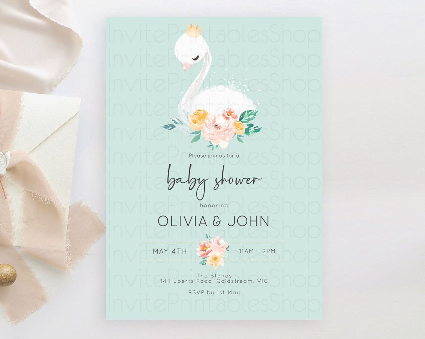 Swan Lake Baby Shower Invitation, Secret Garden, White Swan Princess Ballet, Watercolor Pink Green Floral, Butterflies, Soft Green D10905