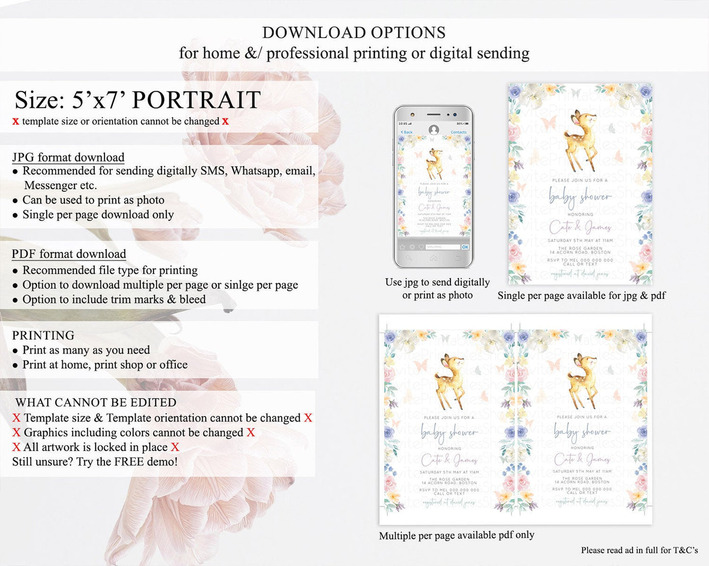 Enchanted Forest Baby Shower Invitation, Baby Fawn Invitation, Whimsical Deer, Butterfly, Secret Garden Theme Soft Pastel Flowers D11035