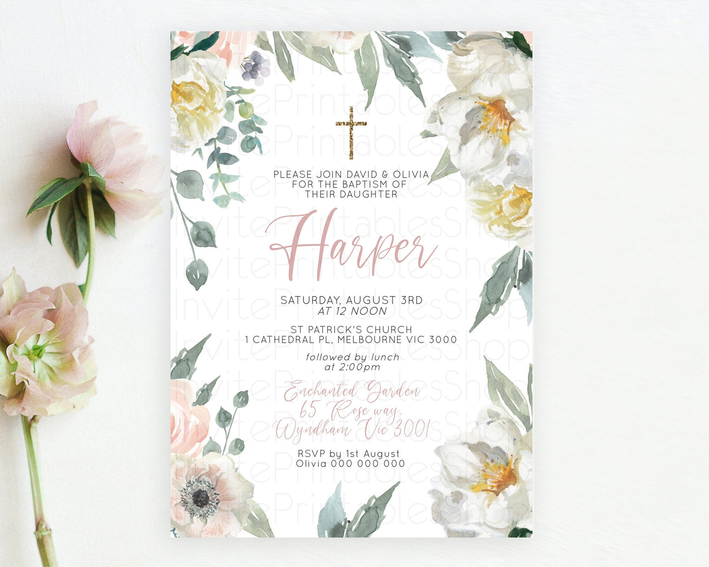 Secret Garden Baptism Invitation Wildflower Baptism Birthday Invite Pastel Flowers Christening Invite Enchanted Garden Boho Floral  D10121