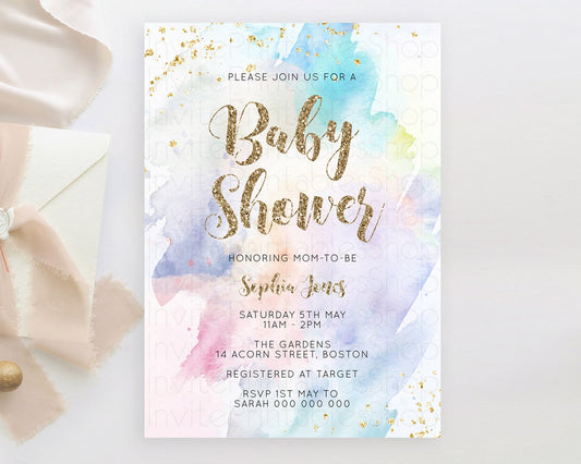 Pastel Baby Shower Invitation Rainbow Baby Shower Invitation Colorful Pastel Watercolor Invitation Gold Glitter Sprinkles Ombre D10421