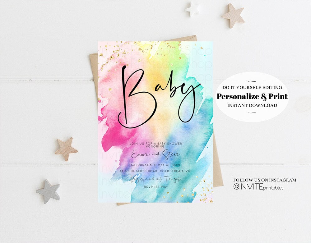 Rainbow Baby Shower Invitation Watercolor Pastel Invitation Colorful Splash Baby Invite Gold Glitter Sprinkles Ombre Gender Reveal