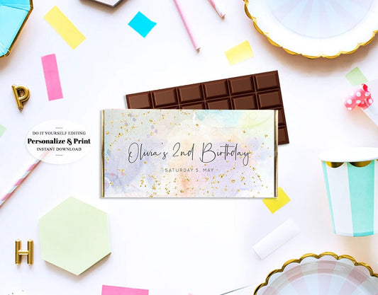 Rainbow Chocolate Wrapper Pastel Watercolor Candy Wrapper Lolly Wrapper Gold Foil Glitter Colorful Paint Kids Birthday Baby Shower 136
