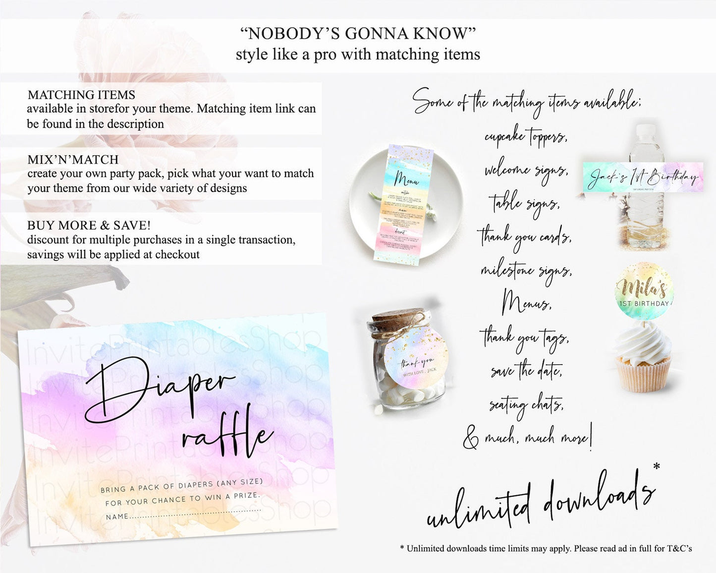 Pastel Diaper Raffle Card Pastel Rainbow Diaper Raffle Insert Colorful Ombre Watercolor Diaper Ticket Confetti Glitter Raffle Game D10177