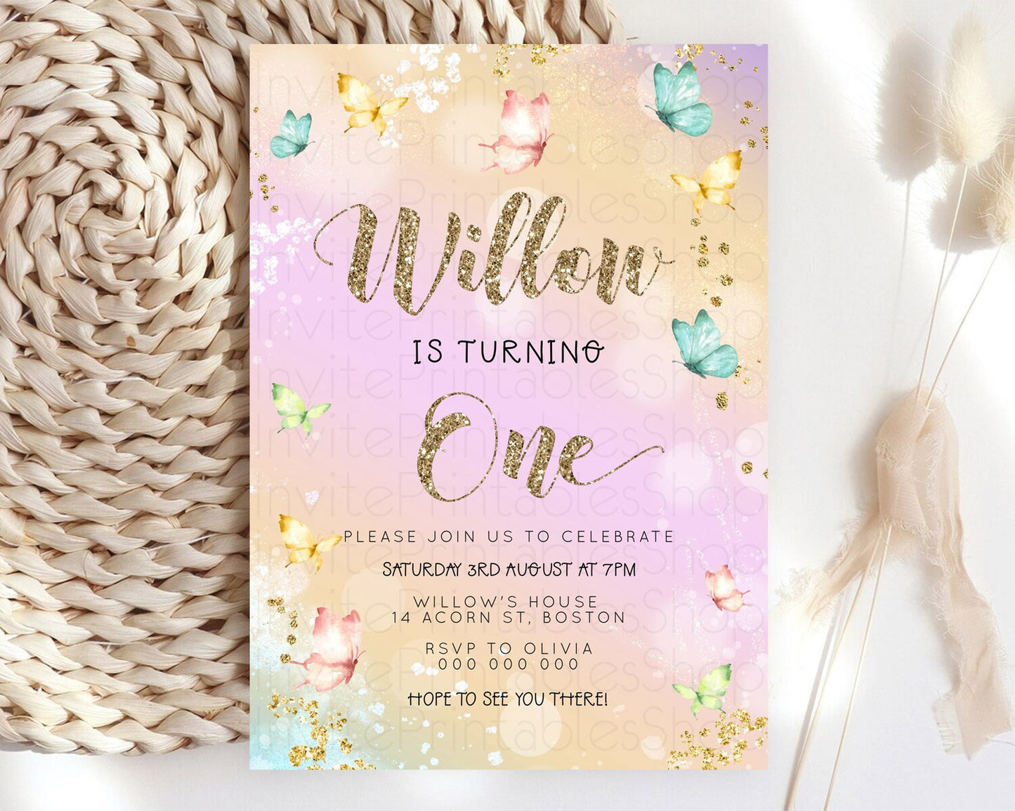 Pastel Butterfly Birthday Invitation Butterfly Birthday Invitation Colorful Splash Glitter Butterfly Garden 1st 2nd Birthday D23086