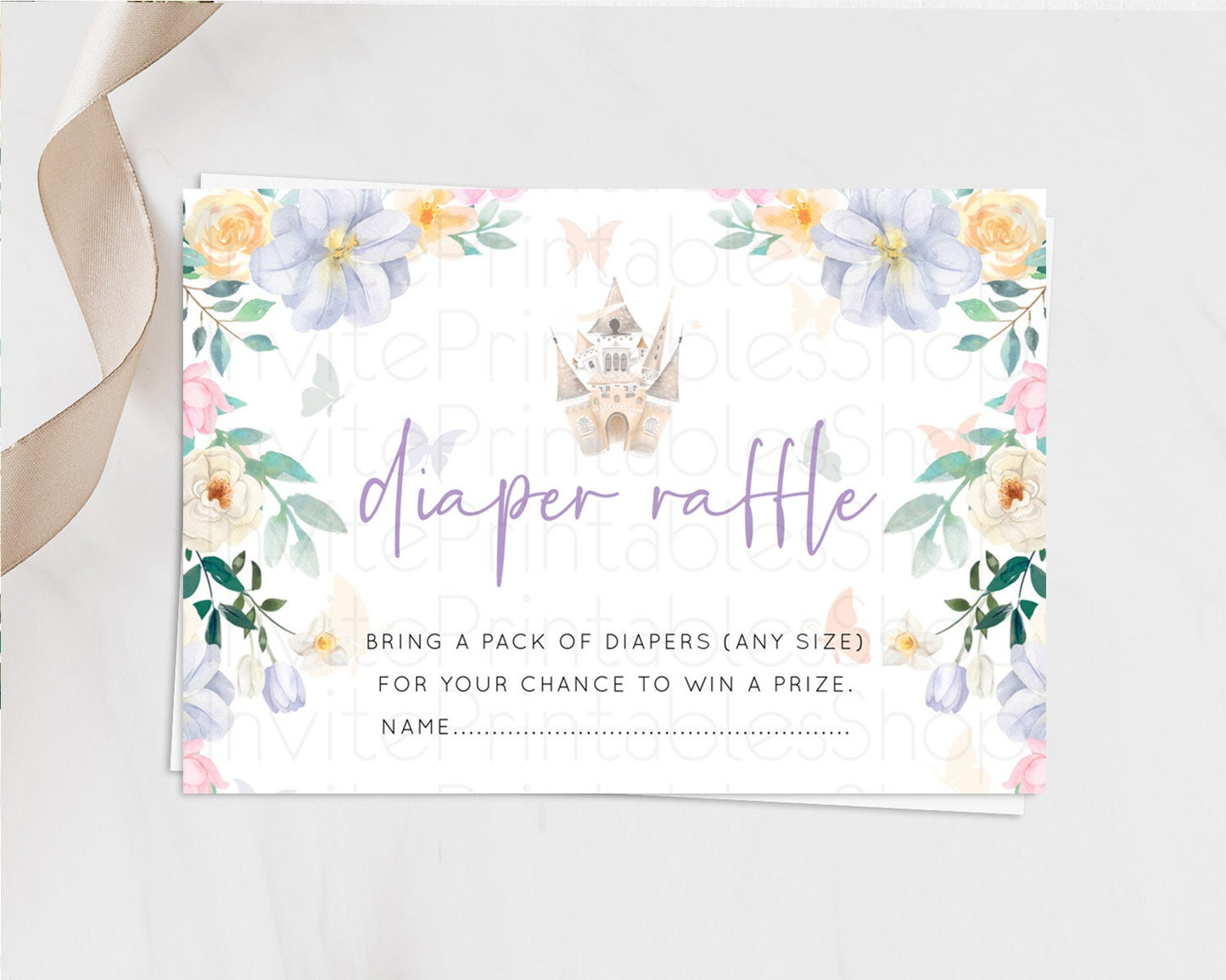 Princess Diaper Raffle Card Castle Diaper Ticket Insert Secret Garden Enchanted Castle Pastel Floral Garden Baby Shower Poem Request D10473