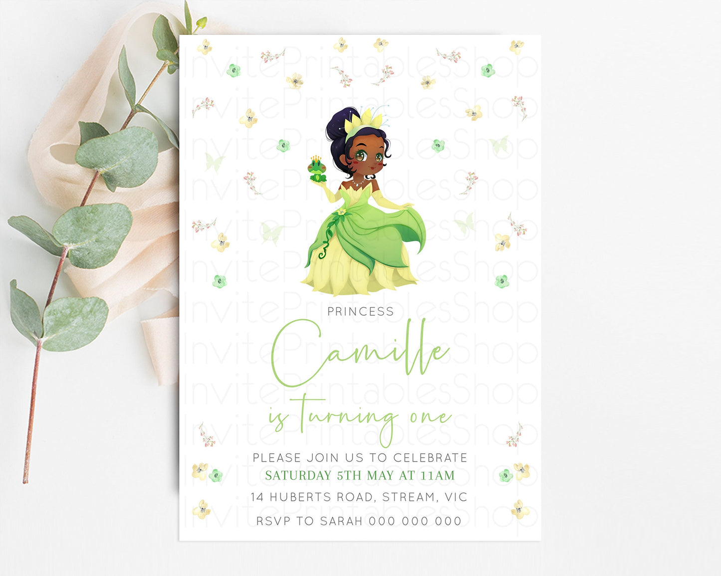 Princess Tiana Birthday Invitation Enchanted Castle Rose Garden Pastel Flowers Confetti Floral Sprinkles Colorful 1st 2nd 3rd Birthday