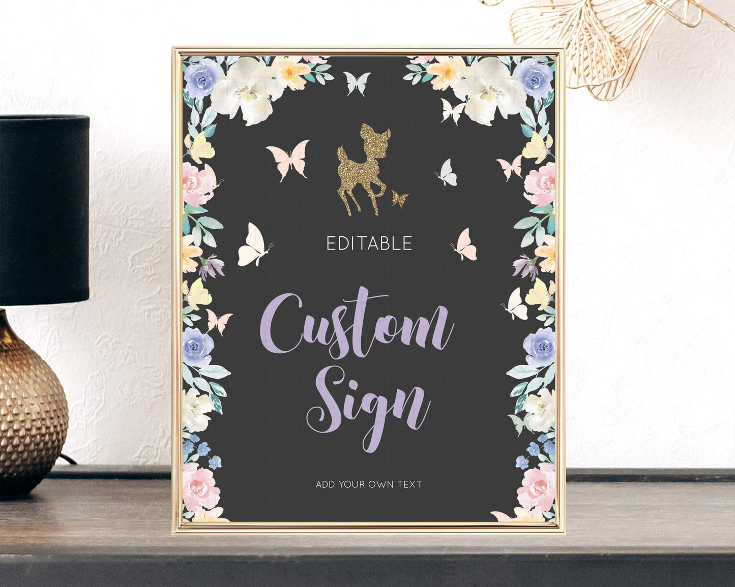 Fawn Deer Sign Pastel Floral Deer Table Sign Decor  Enchanted Forest Butterfly Party 1st Birthday Baptism Baby Shower Bridal Shower D10880