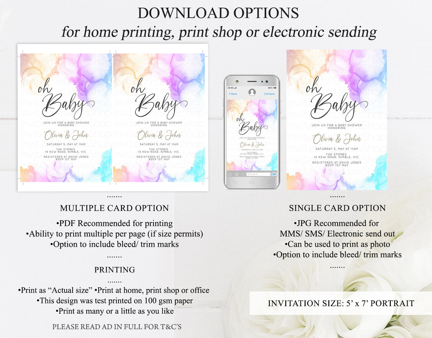 Rainbow Baby Shower Invitation Pastel Colorful Watercolor Ink Splash Gold Glitter Foil Sprinkles Confetti Gender Neutral Editable Invite