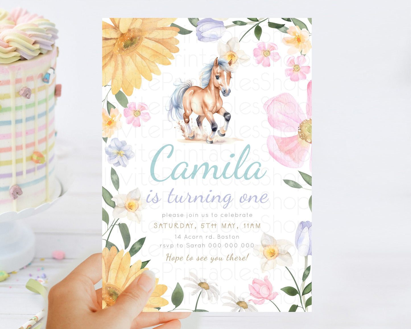 Editable Horse Birthday Invitation, Galloping Wildflower Fields, Pastel Flow