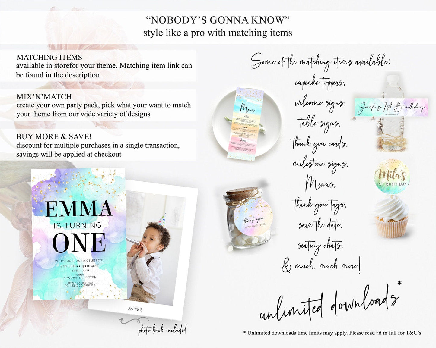 Rainbow Birthday Invitation Colorful Pastel Watercolor Invitation Gold Glitter Sprinkles Ombre Pastel 1st 2nd 3rd Birthday D10212
