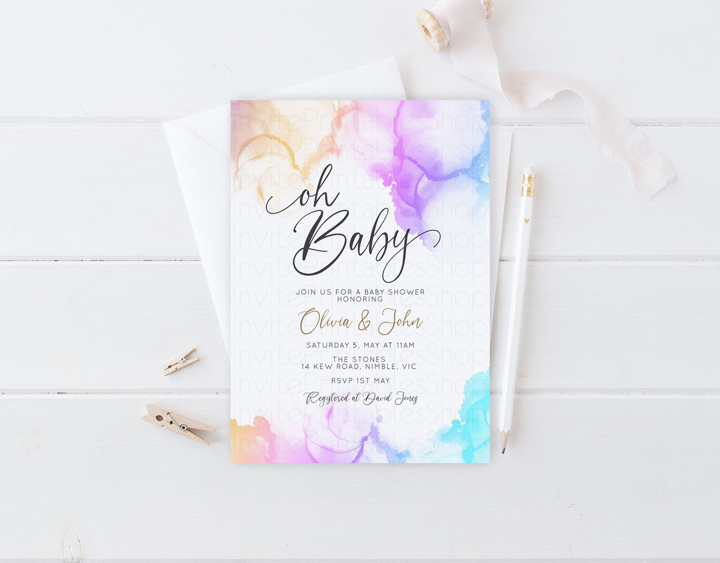 Rainbow Baby Shower Invitation Pastel Colorful Watercolor Ink Splash Gold Glitter Foil Sprinkles Confetti Gender Neutral Editable Invite