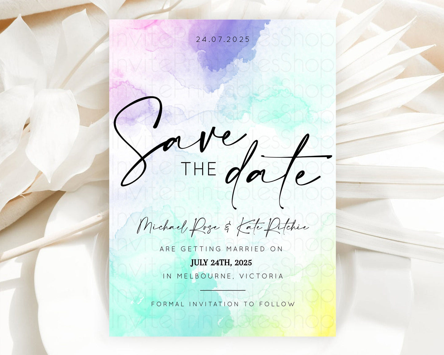 Pastel Save The Date Template Pastel Ombre Rainbow Watercolor Colorful Party For Birthday Baptism Baby Shower Wedding Bridal Shower D10157