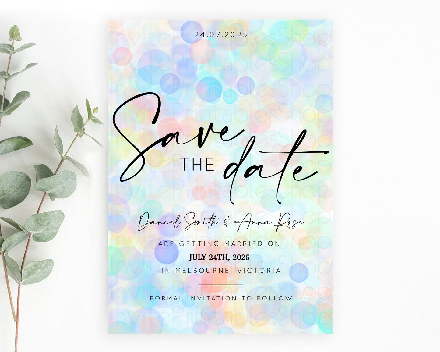 Pastel Bubbles Save The Date Template Bubble Bath Party Rainbow Colorful Confetti Sprinkles 1st Birthday Baby Shower Baptism Wedding D10446