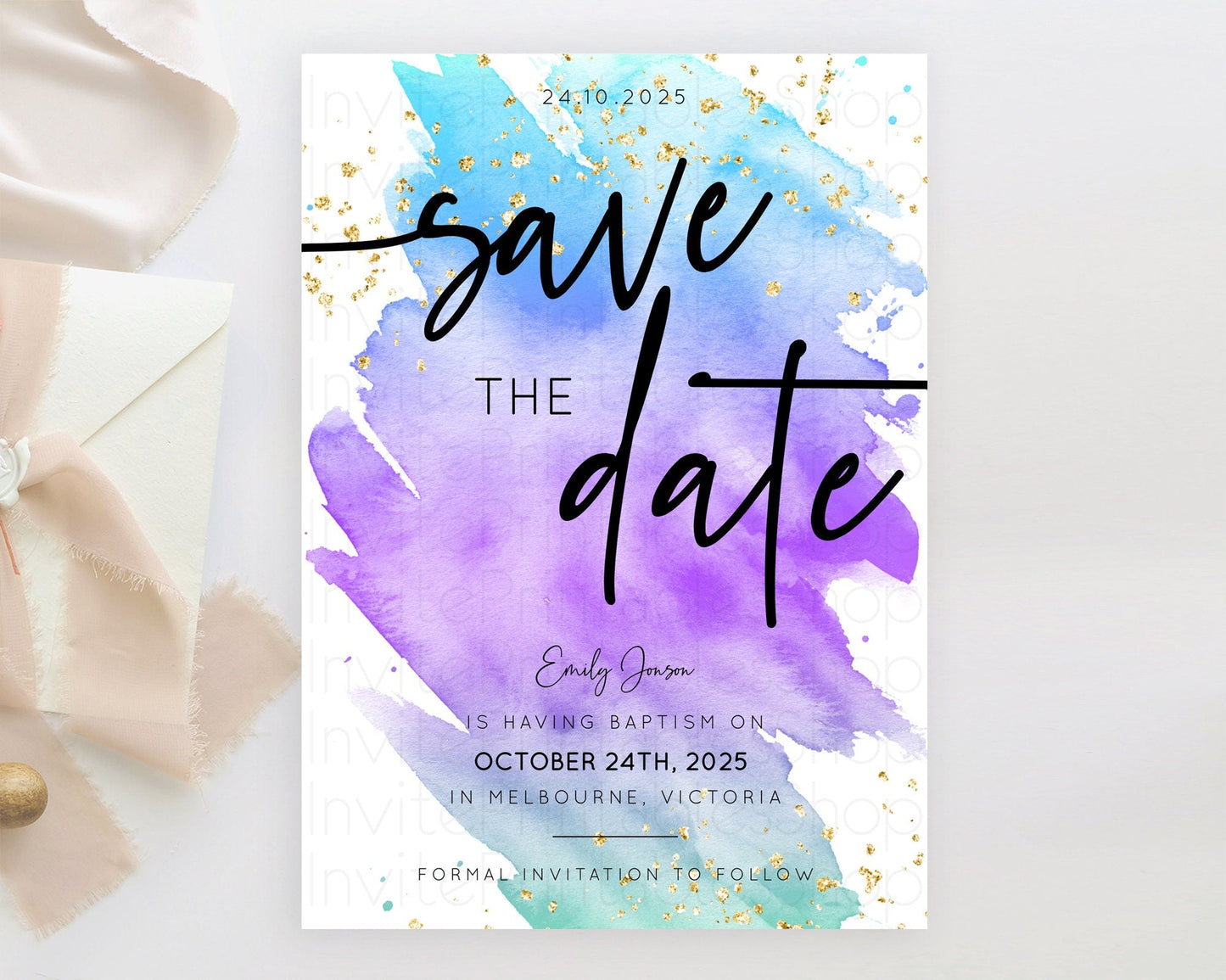 Pastel Save The Date Template Pastel Ombre Rainbow Watercolor Colorful Party For Birthday Baptism Baby Shower Wedding Bridal Shower D10491