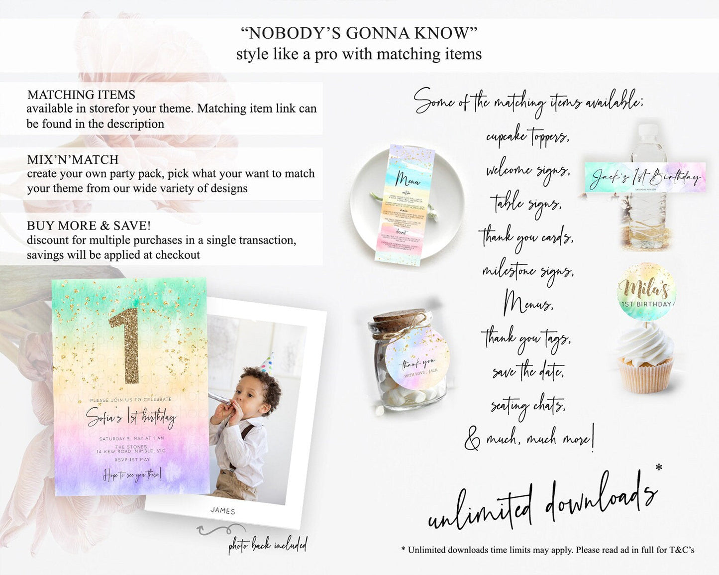 Rainbow Birthday Invitation Colorful Pastel Watercolor Invitation Gold Glitter Sprinkles Ombre Pastel 1st 2nd 3rd Birthday D10485