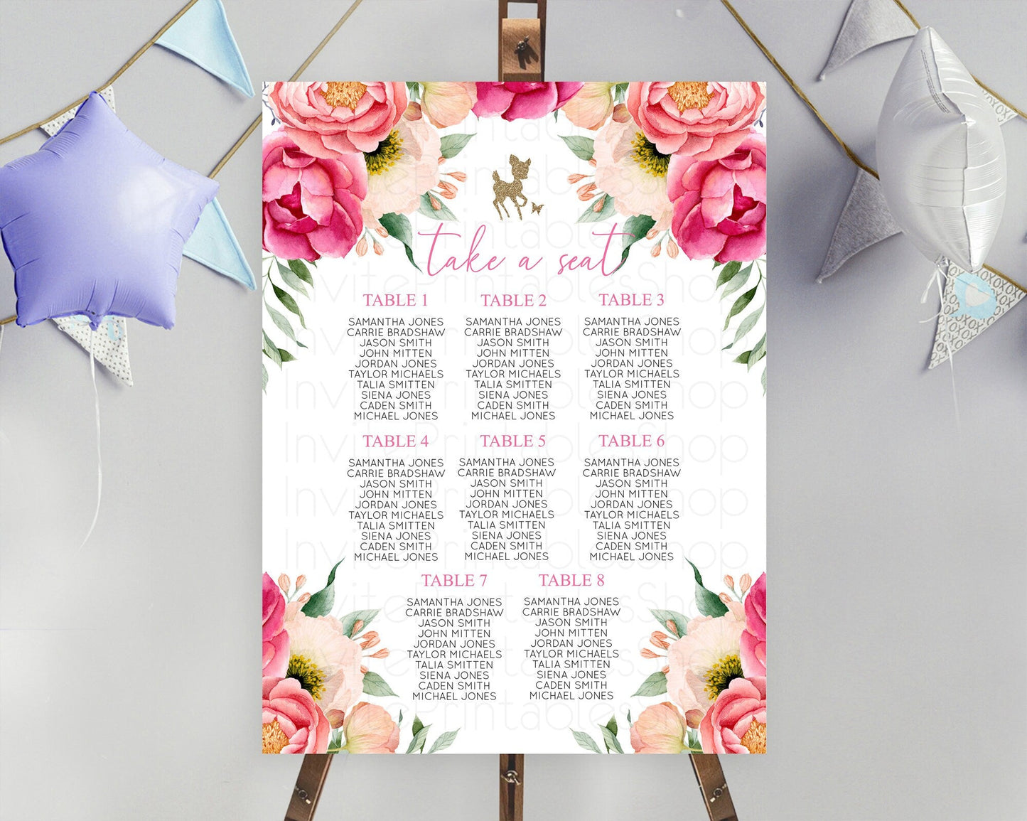 Fawn Seating Chart Deer Seating Chart Enchanted Forest Party Butterfly Pastel Flowers Whimsical Seating Chart Woodland Seating Sign D10326