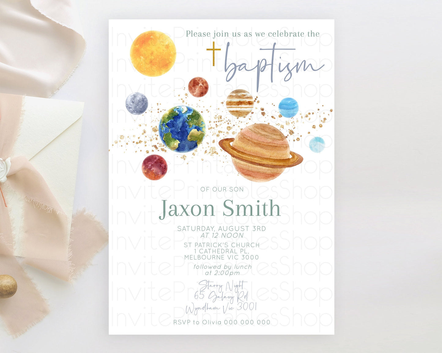 Space Baptism Invitation Space Baptism 1st Birthday Invitation Sun Planets Milkyway Solar System Christening Invitation D10598