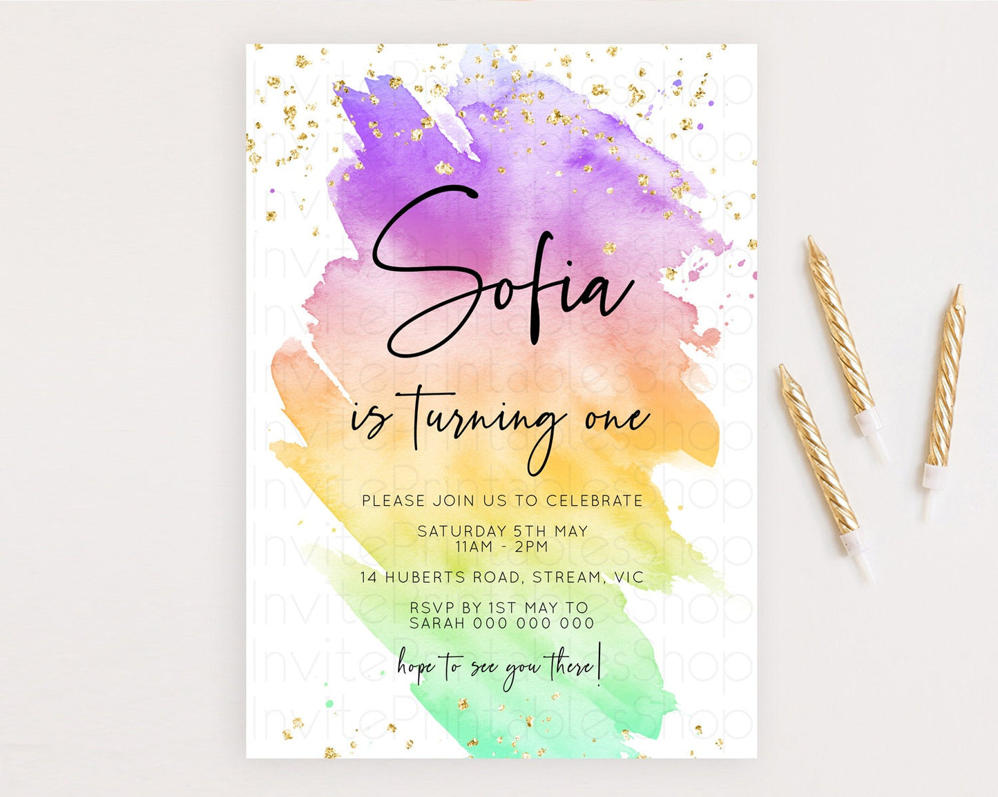 Rainbow Birthday Invitation Colorful Pastel Watercolor Invitation Gold Glitter Sprinkles Ombre Pastel 1st 2nd 3rd Birthday D10518