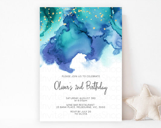 Blue Birthday Invitation Blue Watercolor Invitation Pastel Blue Watercolor Invitation Blue Splash Gold Invitation 1st First Birthday D11067