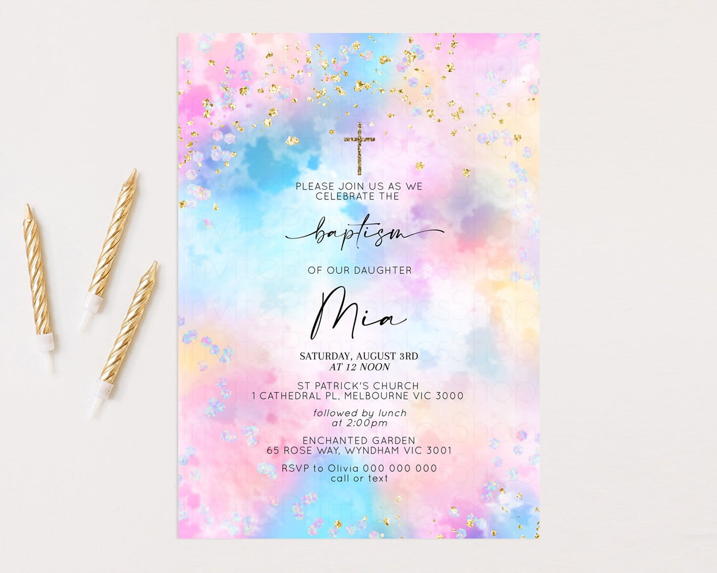 Pastel Rainbow Baptism Invitation Pastel Clouds Christening Invitation Luminous Iridescent Invite Glitter Confetti Sprinkle Gold Cross 589v4