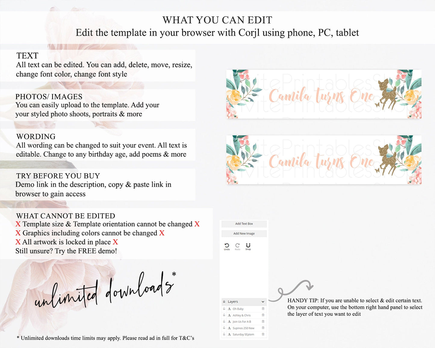 Fawn Deer Water Label Template Pastel Floral Deer Enchanted Forest Butterfly Party Decor Birthday Baptism Baby Shower Bridal Shower D10874