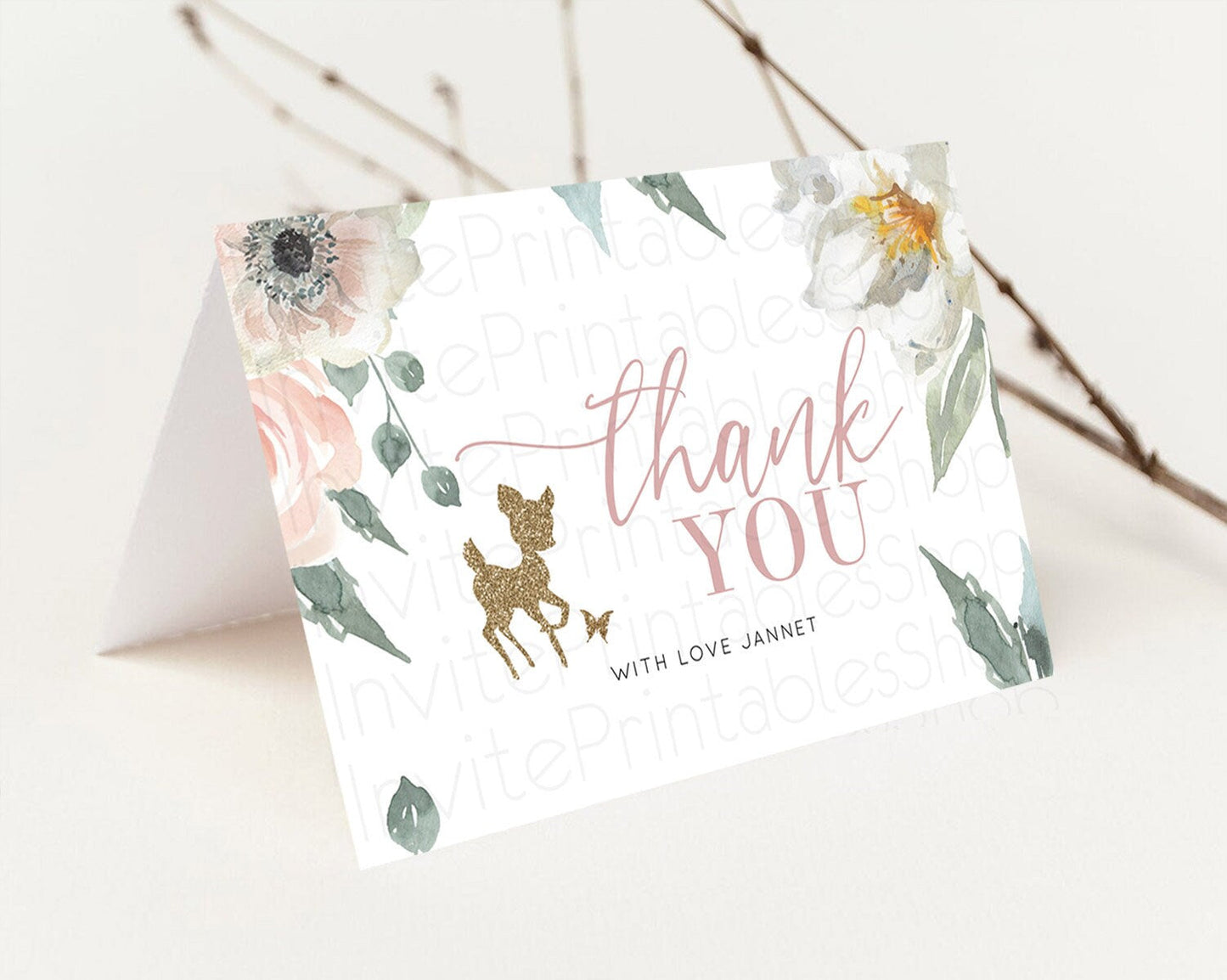 Fawn Thank You Deer Thank You Card Pastel Floral Deer Birthday Thank You Card Enchanted Forest Butterfly Deer Teacher Thank You Card D10120