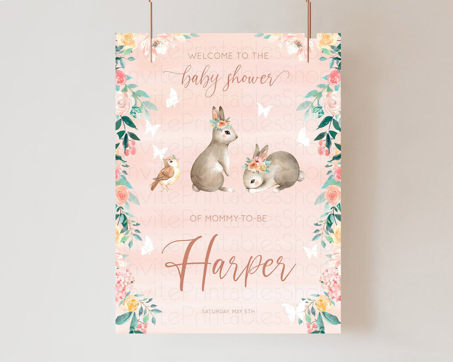 Bunny Baby Shower Welcome Sign Floral Bunny Welcome Board Pastel Flowers Woodland Bunny Welcome Poster Forest Bunny Welcome Sign D10922