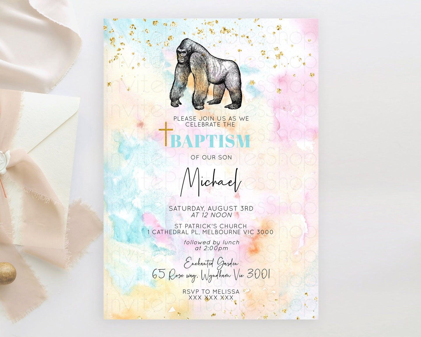 Editable Pastel Gorilla Baptism Invitation Ombre Gorilla Baptism 1st Birthda