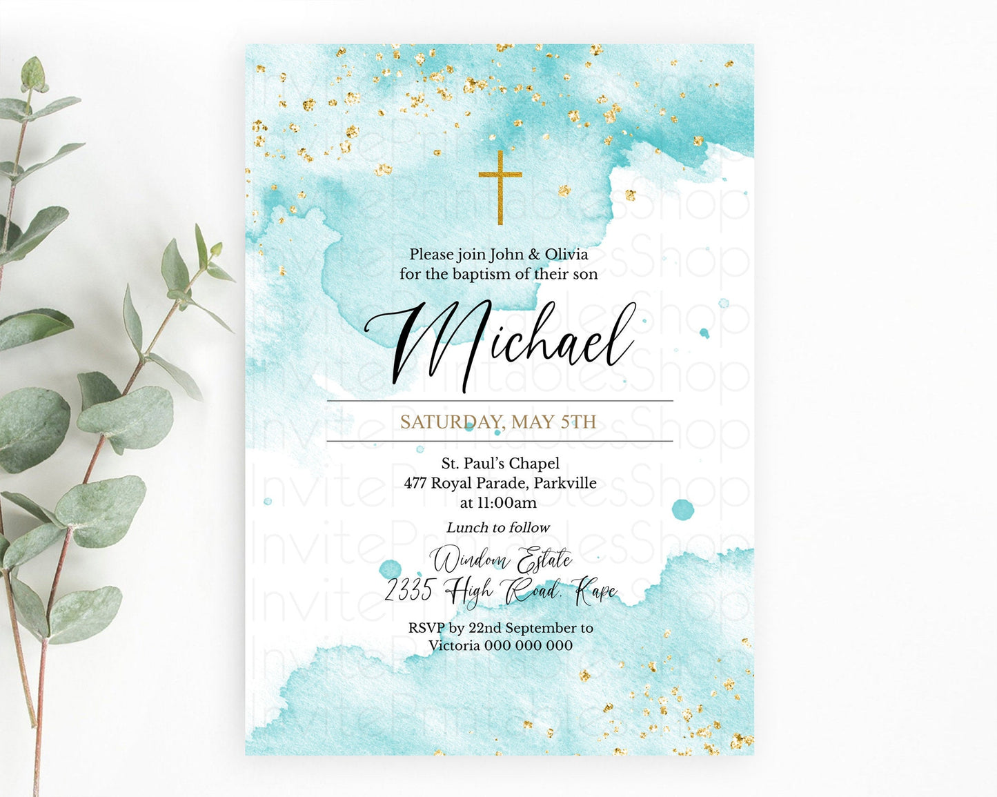 Blue Baptism Invitation Blue Watercolor Baptism 1st Birthday Invitation Pastel Blue Watercolor Christening Invite Blue Splash D10329