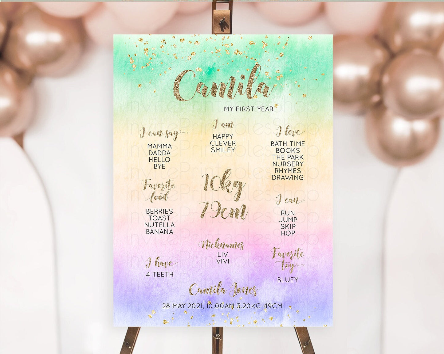 Pastel First Birthday Milestone Board Pastel Rainbow Milestone Poster Colorful Confetti Watercolor Glitter 1st Birthday Welcome Sign D10478
