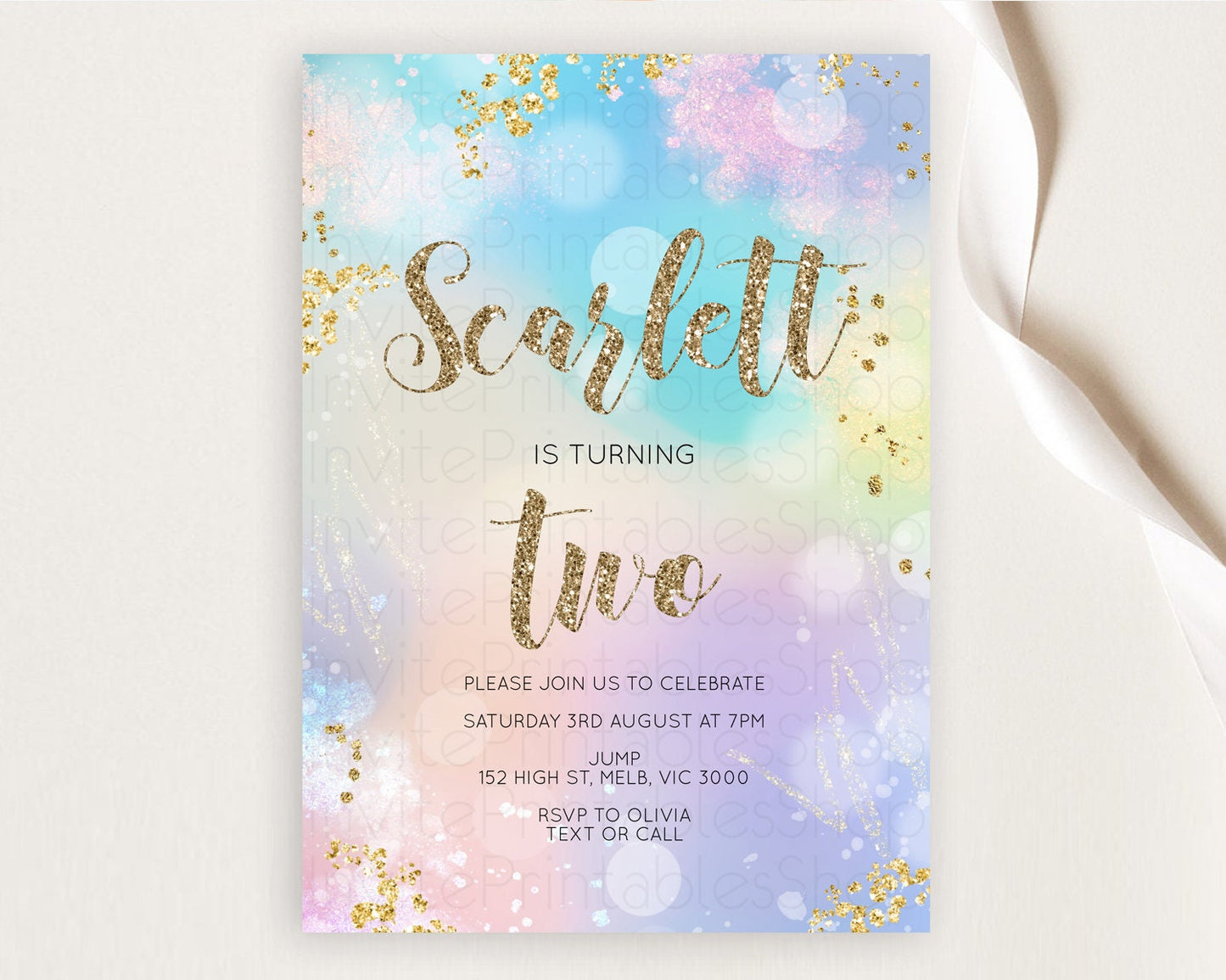 Rainbow Birthday Invitation Colorful Pastel Watercolor Invitation Gold Glitter Sprinkles Ombre Pastel 1st 2nd 3rd Birthday D10677