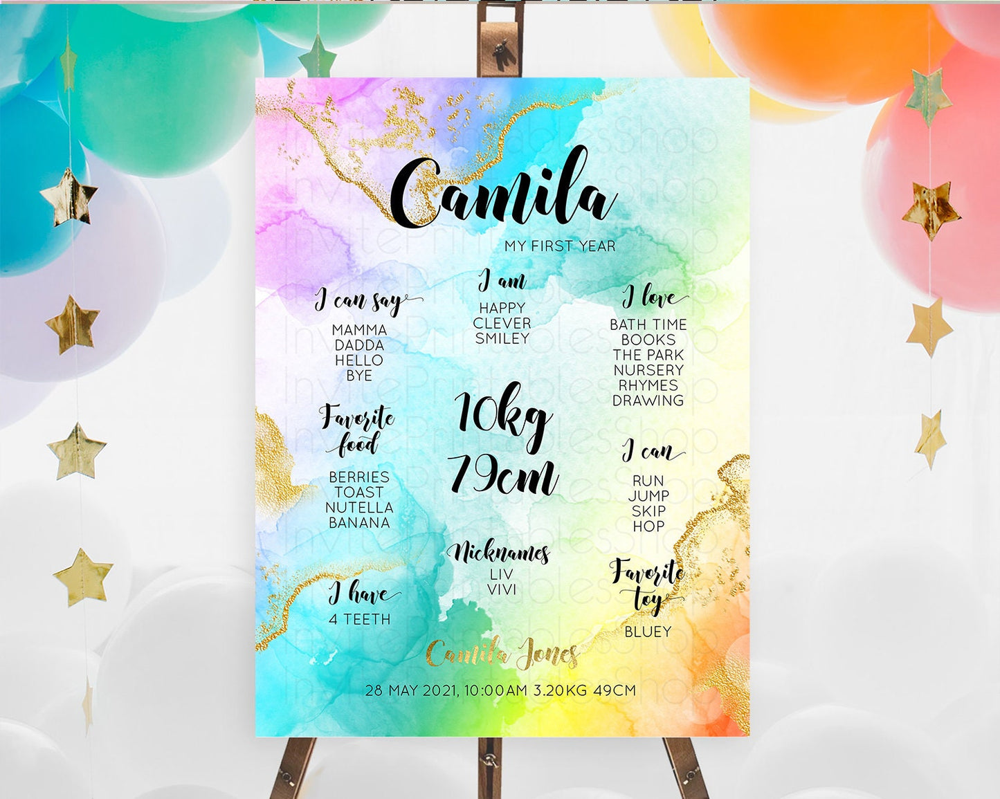 Pastel First Birthday Milestone Board Pastel Rainbow Milestone Poster Colorful Confetti Watercolor Glitter 1st Birthday Welcome Sign D10392