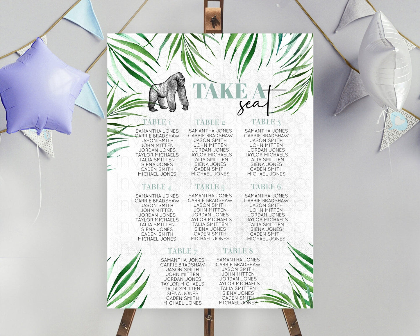 Gorilla Seating Chart Jungle Gorilla Seating Sign Gorilla Party Decor Gorilla Jungle Adventure Zoo Green Palm Leaf Fern Take A Seat D10846