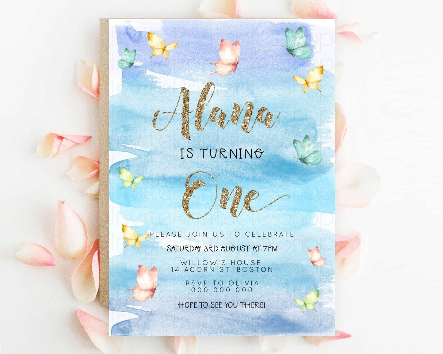 Blue Birthday Invitation Blue Watercolor Invitation Pastel Blue Watercolor Invitation Blue Splash Gold Invitation 1st First Birthday D23230