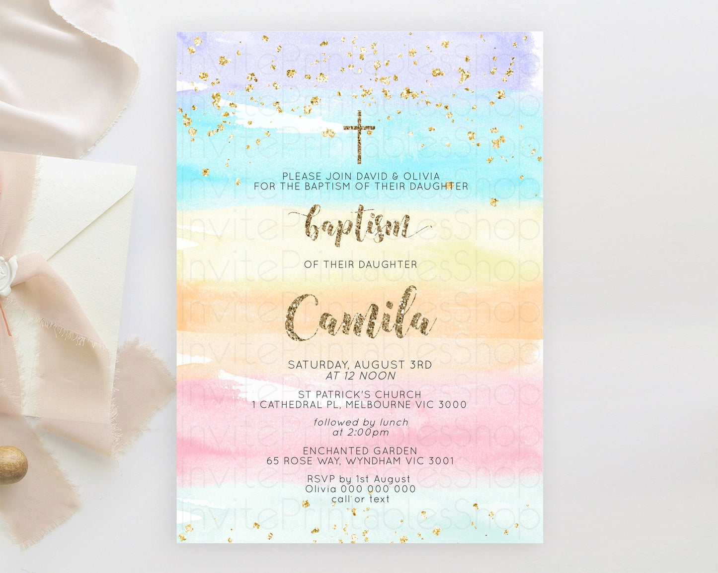 Pastel Baptism Invitation Pastel Colors Watercolor Baptism 1st Birthday Party Gold Ombre Pastel Rainbow Christening Holy Communion D10508