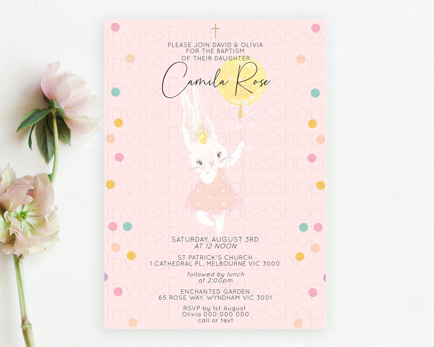 Bunny Baptism Invitation Pastel Bunny Baptism 1st Birthday Invitation Bunny Balloon Christening Invite Pastel Confetti Balloon Bunny D10219