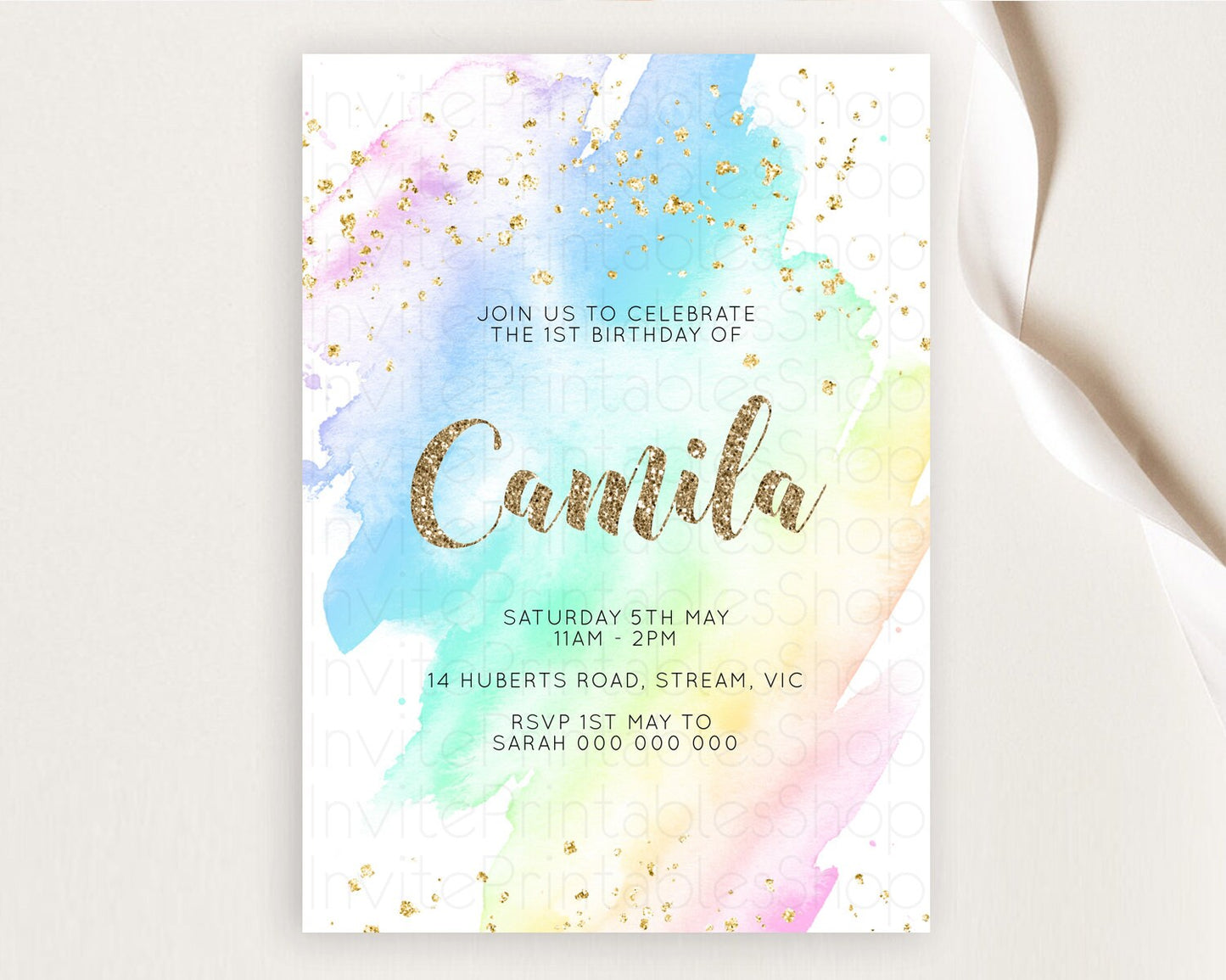 Rainbow Birthday Invitation Colorful Pastel Watercolor Invitation Gold Glitter Sprinkles Ombre Pastel 1st 2nd 3rd Birthday D10637