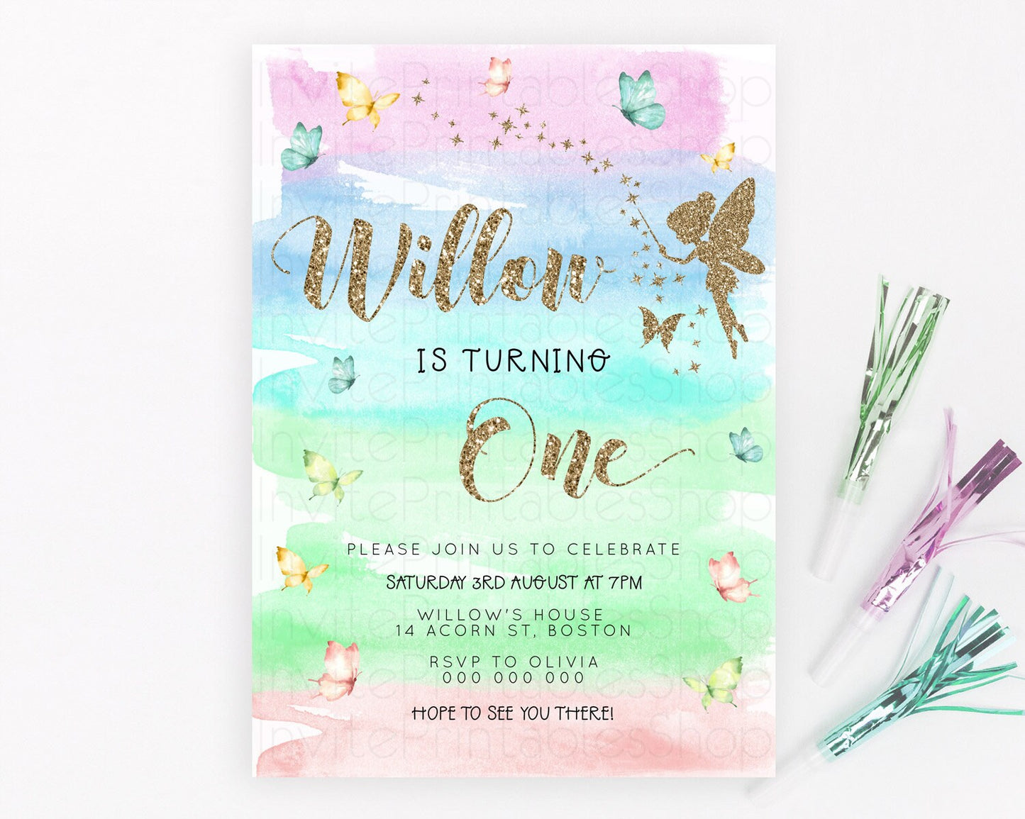 Pastel Fairy Birthday Invitation Pastel Butterflies Fairy Birthday Invitation Rainbow Ombre Watercolor 1st 2nd Birthday Invitation D23320