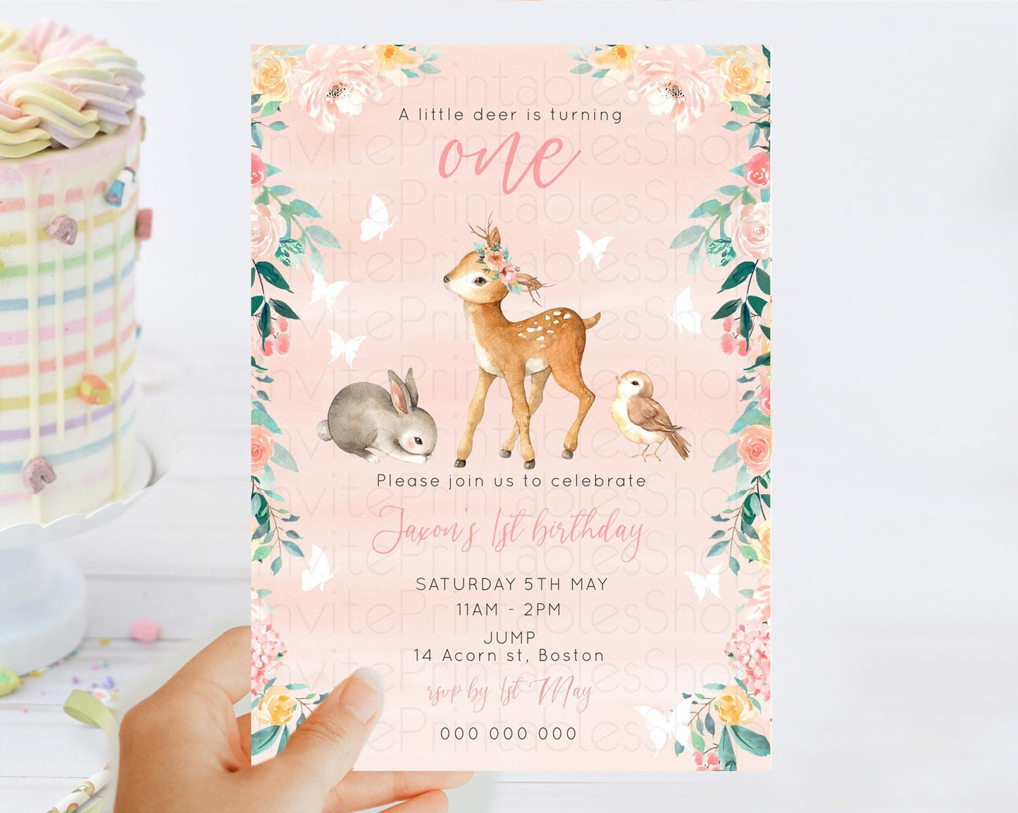 Fawn Birthday Invitation Deer Birthday Invitation Enchanted Forest Party Butterfly Pastel Flowers Whimsical 2nd 1st First Birthday D10921