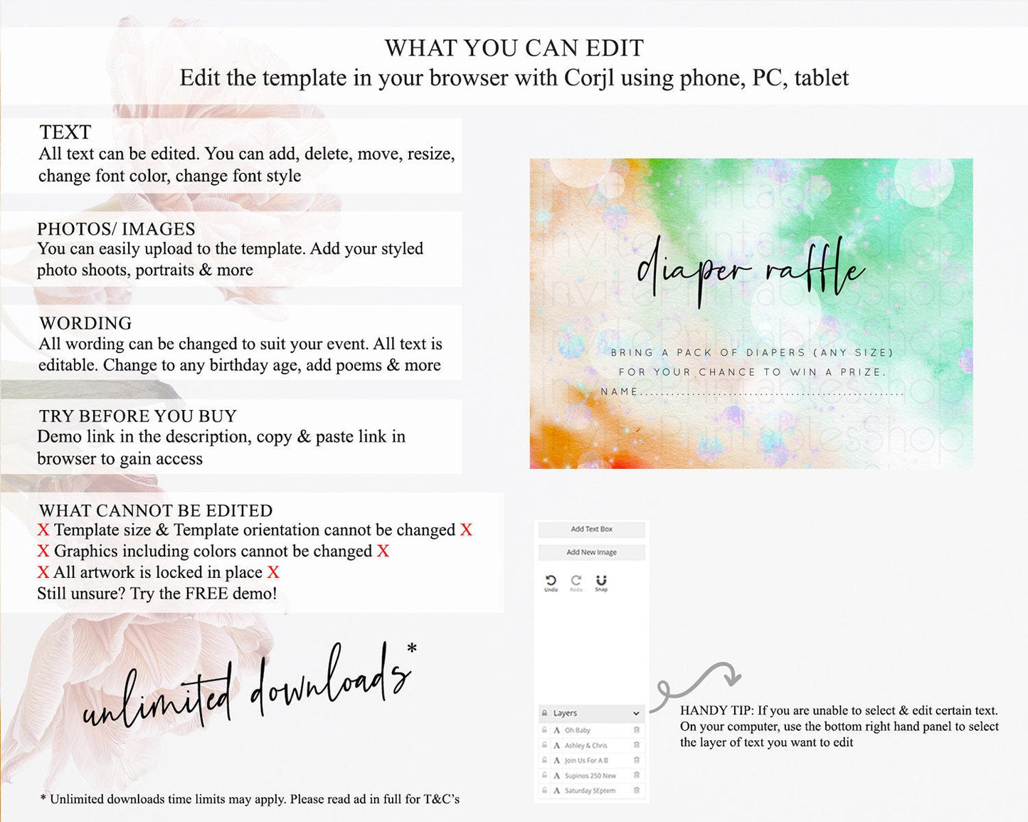 Rainbow Diaper Raffle Card Pastel Diaper Insert Colorful Pastel Watercolor Ombre Diaper Ticket Iridescent Sprinkles Raffle Game D10691