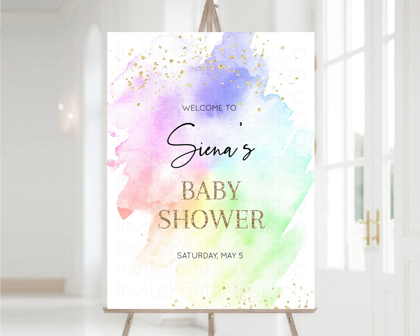 Editable Rainbow Welcome Sign Pastel Baby Shower Board Colorful Watercolor B