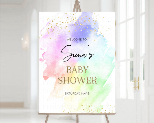 Editable Rainbow Welcome Sign Pastel Baby Shower Board Colorful Watercolor B