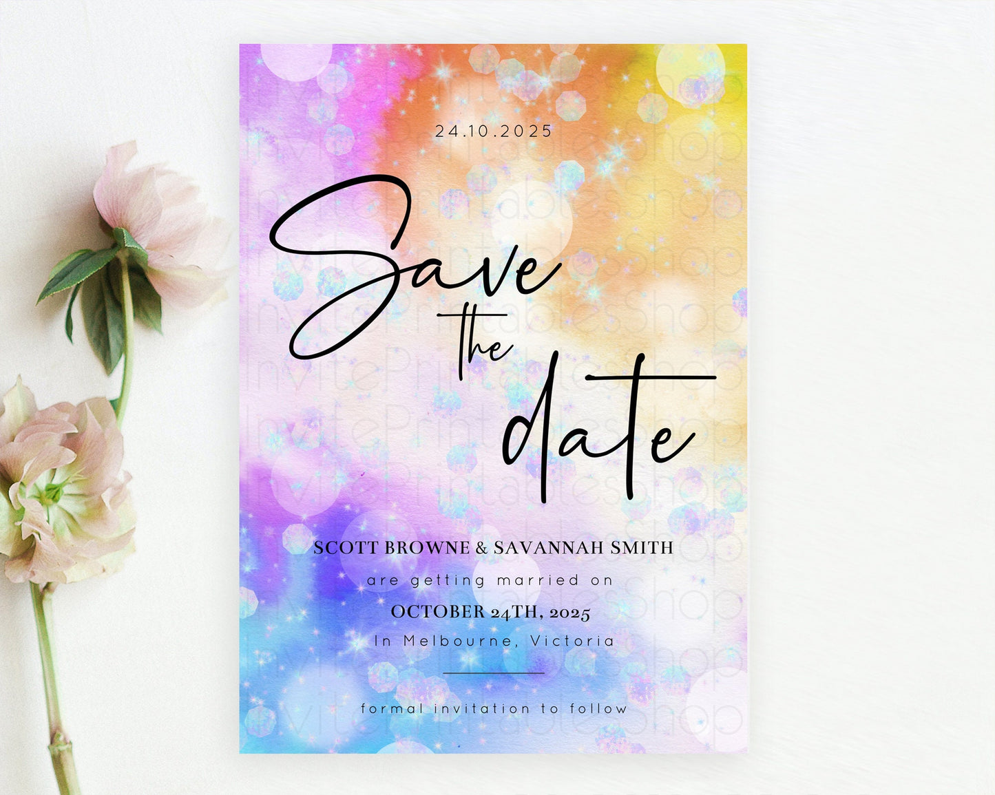 Colorful Save The Date Template Pastel Rainbow Watercolor Iridescent Ombre Party For 1st Birthday Baptism Baby Shower Bridal Shower D10690