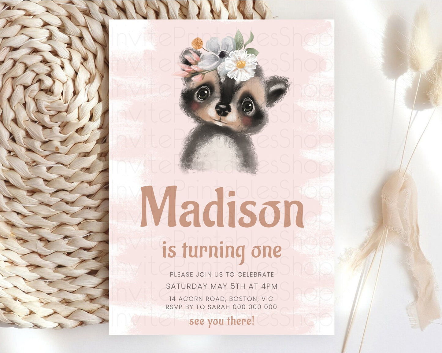 Editable Raccoon Birthday Invitation, Enchanted Forest Adventure, Pink Woodl