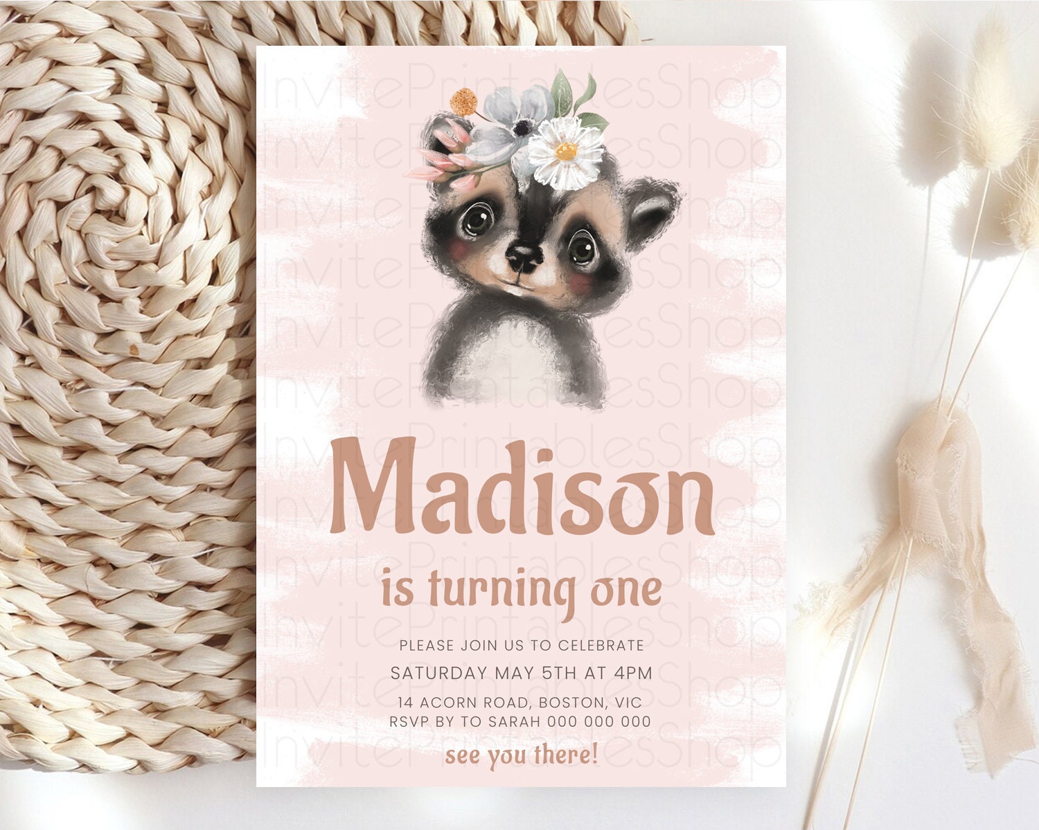 Editable Raccoon Birthday Invitation, Enchanted Forest Adventure, Pink Woodl