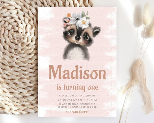 Editable Raccoon Birthday Invitation, Enchanted Forest Adventure, Pink Woodl
