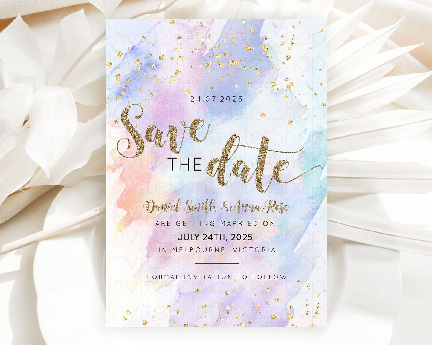 Pastel Save The Date Template Pastel Ombre Rainbow Watercolor Colorful Party For Birthday Baptism Baby Shower Wedding Bridal Shower D10583