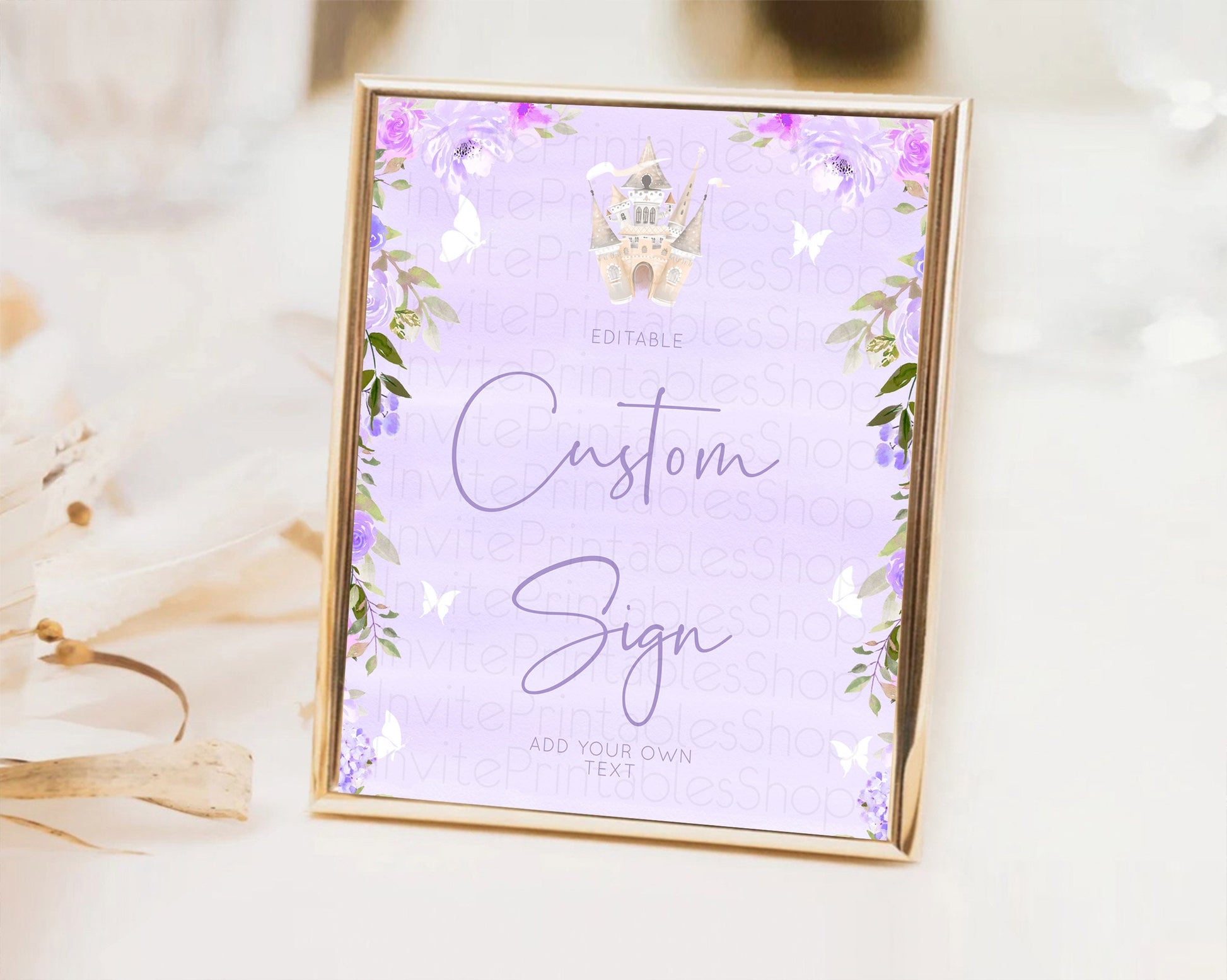 Editable Purple Princess Party Table Sign Decor Secret Garden Enchanted Cast