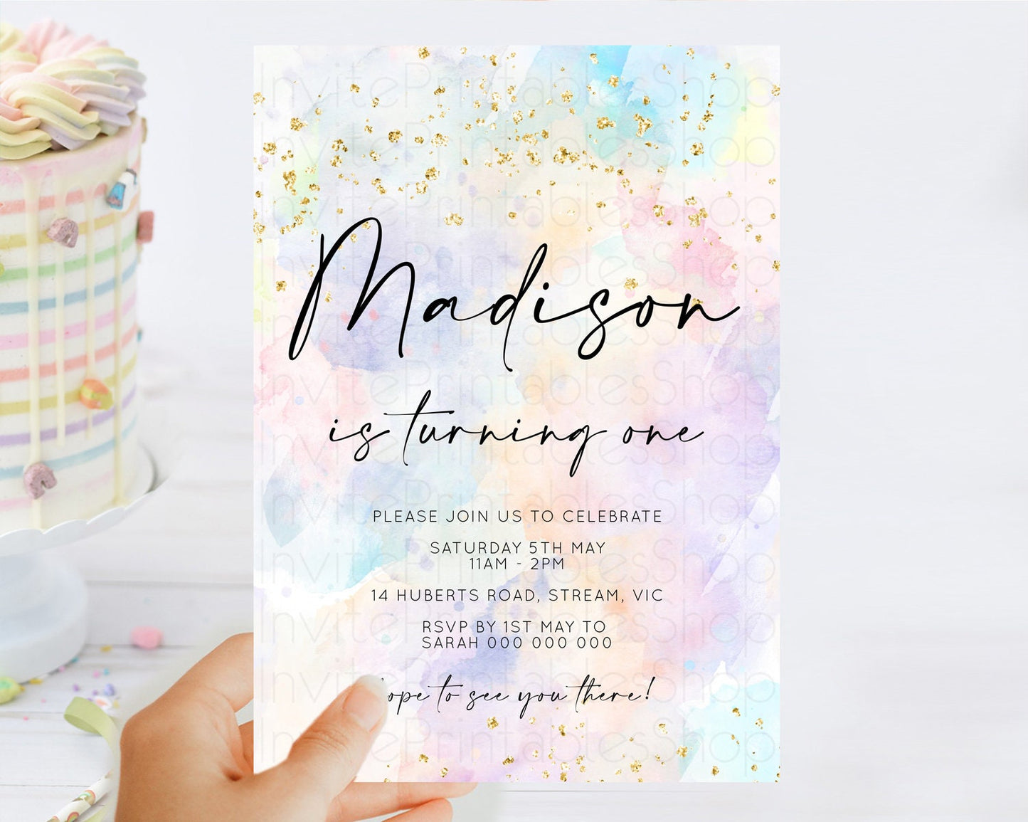 Rainbow Birthday Invitation Colorful Pastel Watercolor Invitation Gold Glitter Sprinkles Ombre Pastel 1st 2nd 3rd Birthday D10605